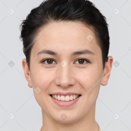 Joyful white young-adult female with short  brown hair and brown eyes