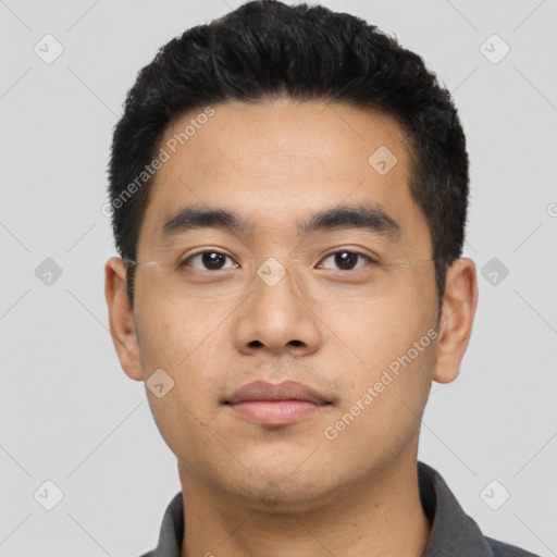 Neutral asian young-adult male with short  black hair and brown eyes