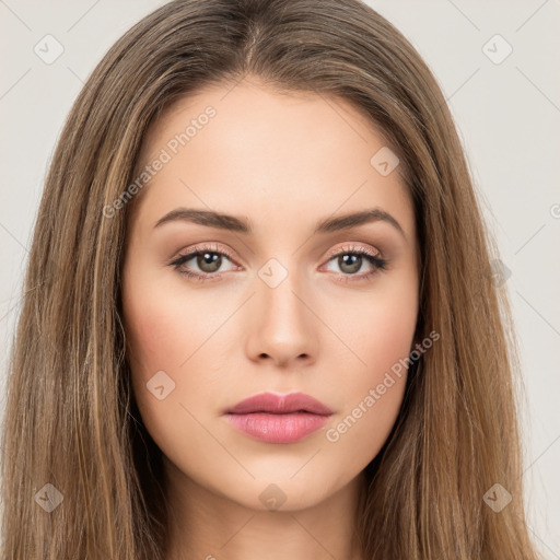 Neutral white young-adult female with long  brown hair and brown eyes