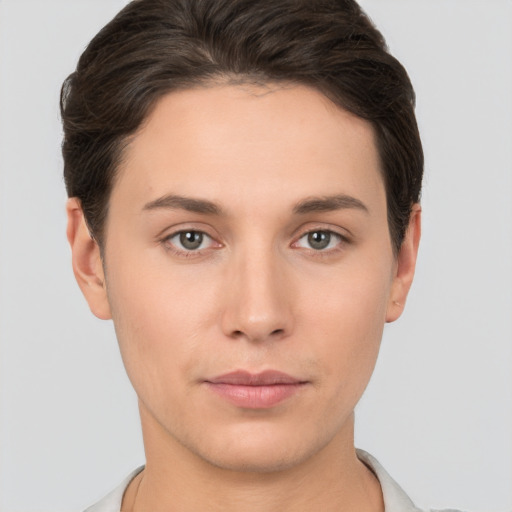 Neutral white young-adult female with short  brown hair and brown eyes