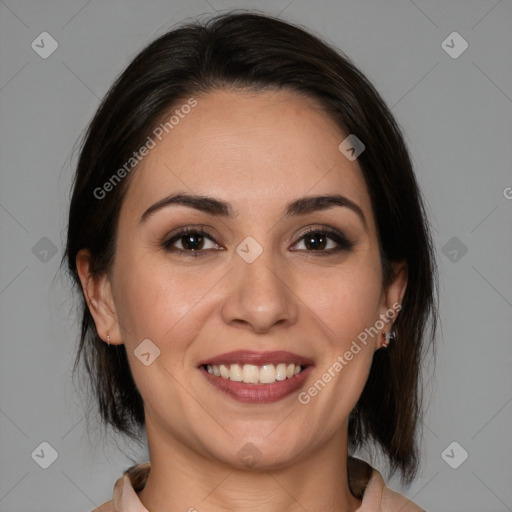 Joyful white young-adult female with medium  brown hair and brown eyes