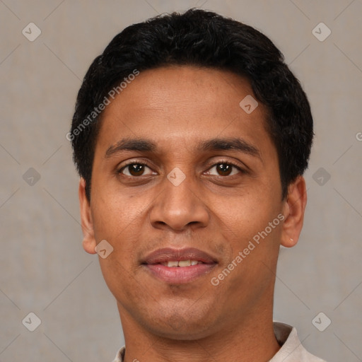 Joyful latino young-adult male with short  black hair and brown eyes