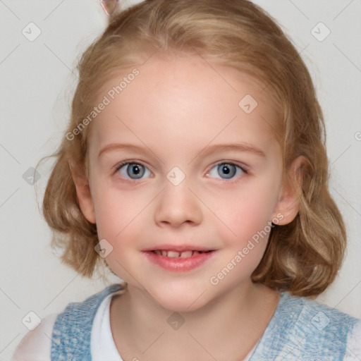 Joyful white child female with medium  brown hair and blue eyes