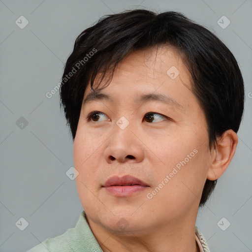 Joyful asian adult male with short  brown hair and brown eyes