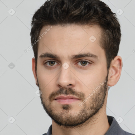 Neutral white young-adult male with short  brown hair and brown eyes