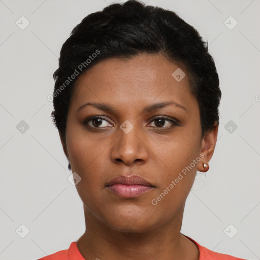 Neutral black young-adult female with short  black hair and brown eyes