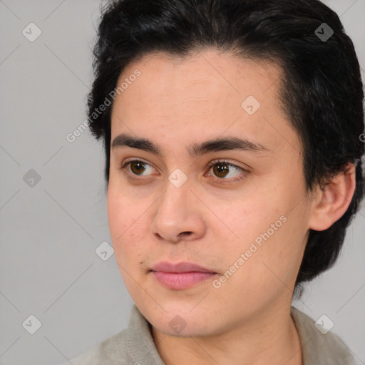 Joyful white young-adult male with medium  brown hair and brown eyes