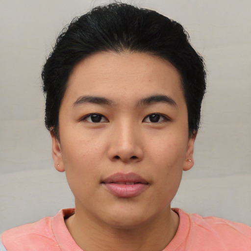 Neutral asian young-adult female with short  black hair and brown eyes
