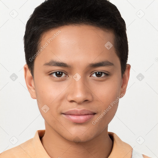 Joyful latino young-adult male with short  brown hair and brown eyes