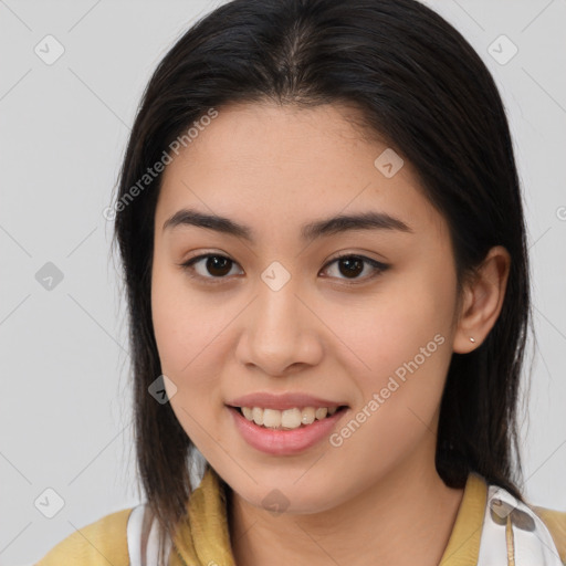 Joyful white young-adult female with medium  brown hair and brown eyes