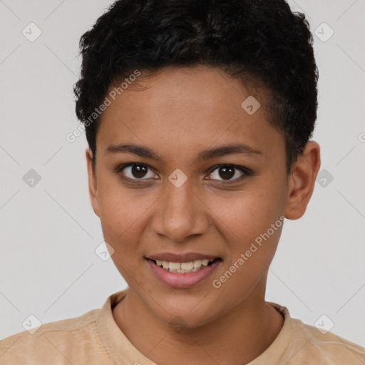 Joyful latino young-adult female with short  brown hair and brown eyes