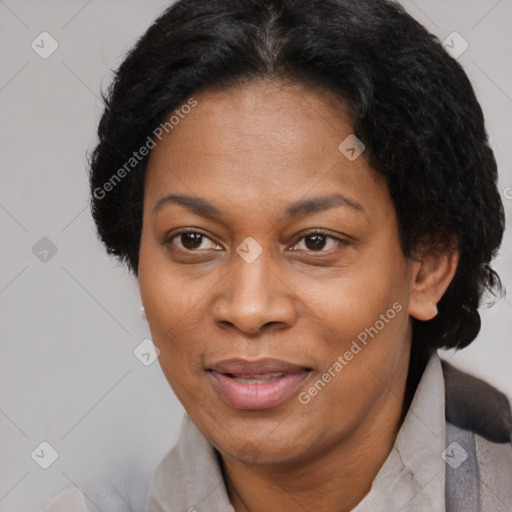 Joyful black adult female with short  brown hair and brown eyes