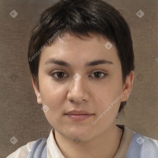 Neutral white young-adult female with short  brown hair and brown eyes