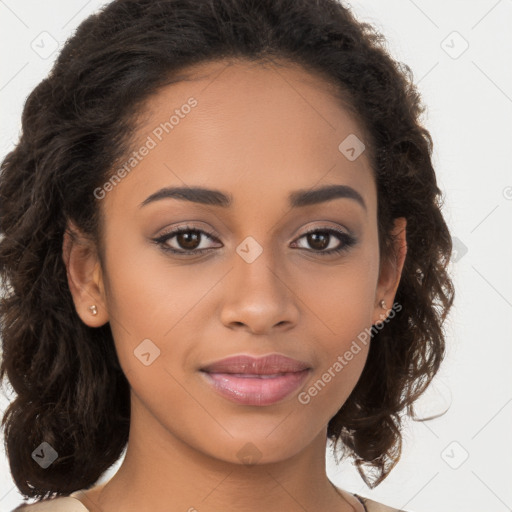 Joyful latino young-adult female with long  brown hair and brown eyes