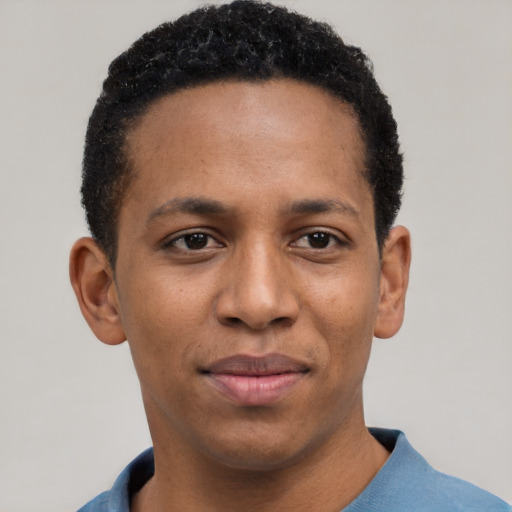 Neutral black young-adult male with short  black hair and brown eyes