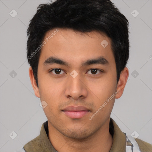 Neutral asian young-adult male with short  brown hair and brown eyes