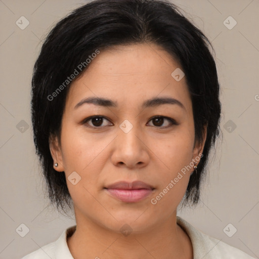 Joyful asian young-adult female with medium  black hair and brown eyes