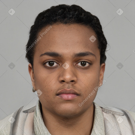 Neutral black young-adult female with short  black hair and brown eyes