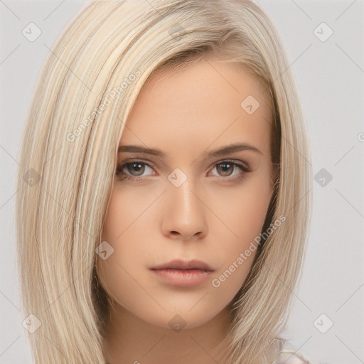 Neutral white young-adult female with long  brown hair and brown eyes