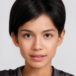 Joyful white young-adult female with short  black hair and brown eyes