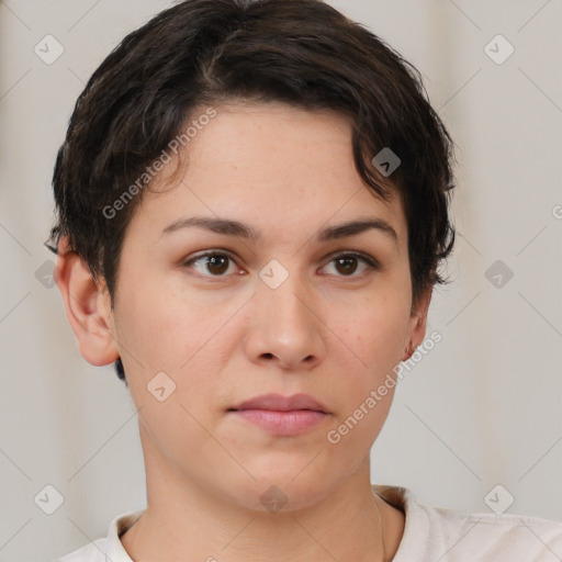 Neutral white young-adult female with short  brown hair and brown eyes