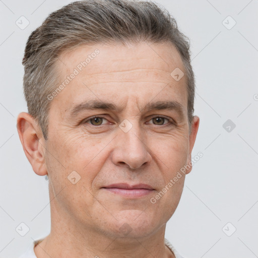 Neutral white adult male with short  brown hair and brown eyes