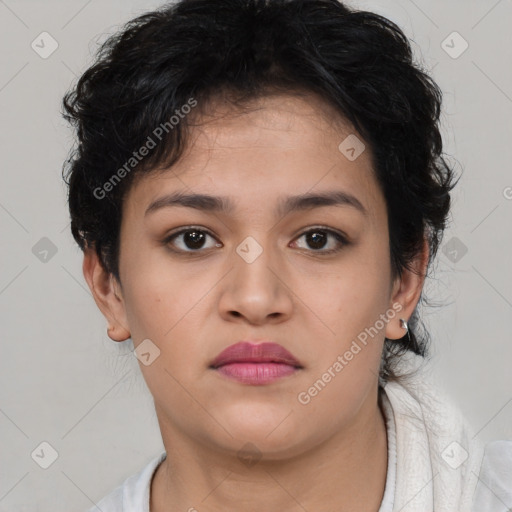 Neutral asian young-adult female with short  brown hair and brown eyes