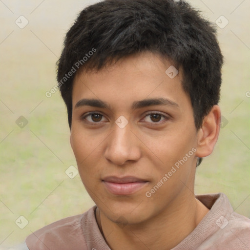 Joyful latino young-adult male with short  brown hair and brown eyes