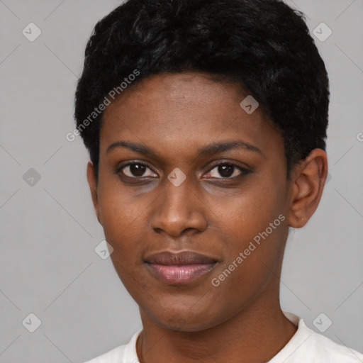Joyful black young-adult female with short  black hair and brown eyes