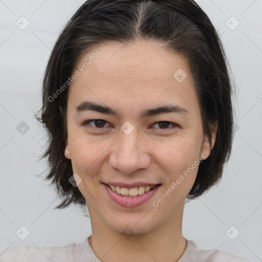 Joyful white young-adult female with medium  brown hair and brown eyes