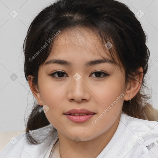 Joyful white child female with medium  brown hair and brown eyes
