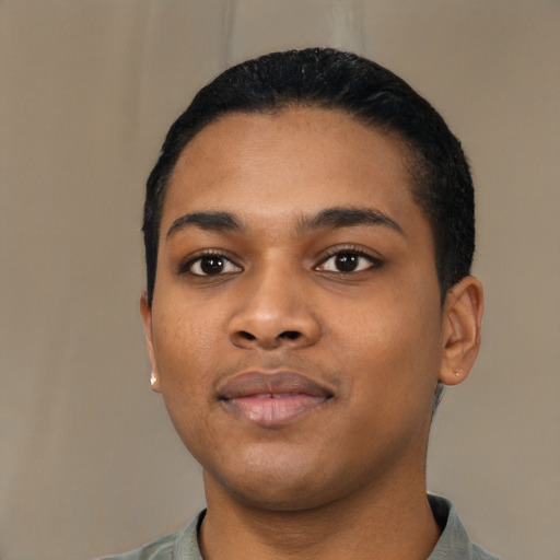 Neutral latino young-adult female with short  black hair and brown eyes