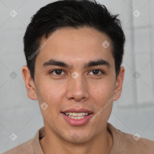 Joyful latino young-adult male with short  brown hair and brown eyes