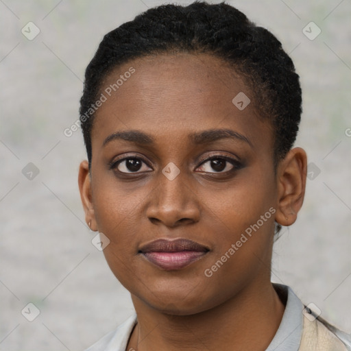 Joyful black young-adult female with short  black hair and brown eyes