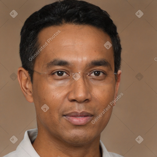 Joyful latino adult male with short  black hair and brown eyes