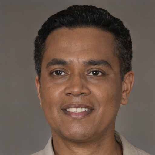 Joyful black adult male with short  black hair and brown eyes