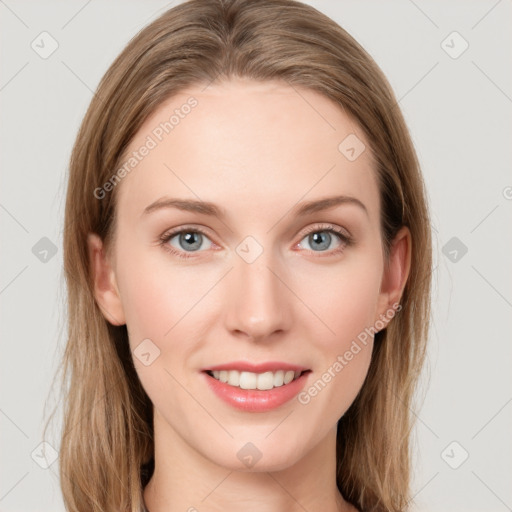 Joyful white young-adult female with long  brown hair and grey eyes