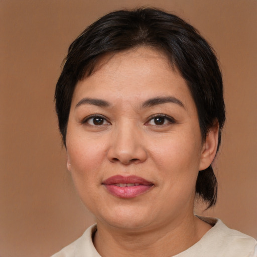 Joyful asian adult female with medium  brown hair and brown eyes