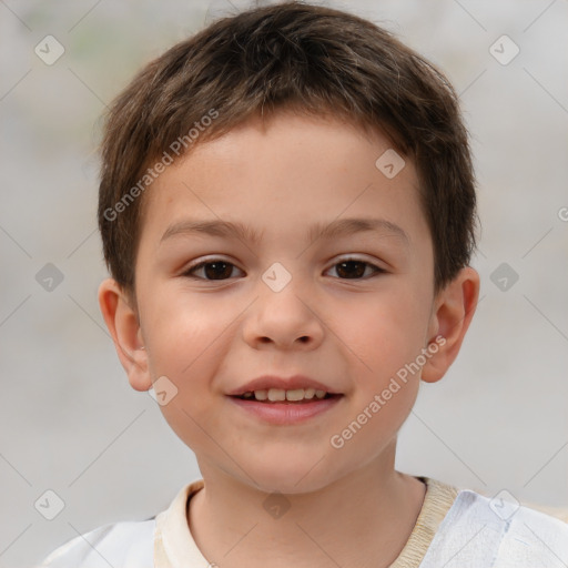 Joyful white child male with short  brown hair and brown eyes