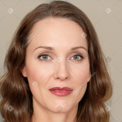 Joyful white young-adult female with medium  brown hair and blue eyes