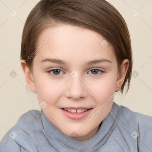 Joyful white child female with medium  brown hair and brown eyes