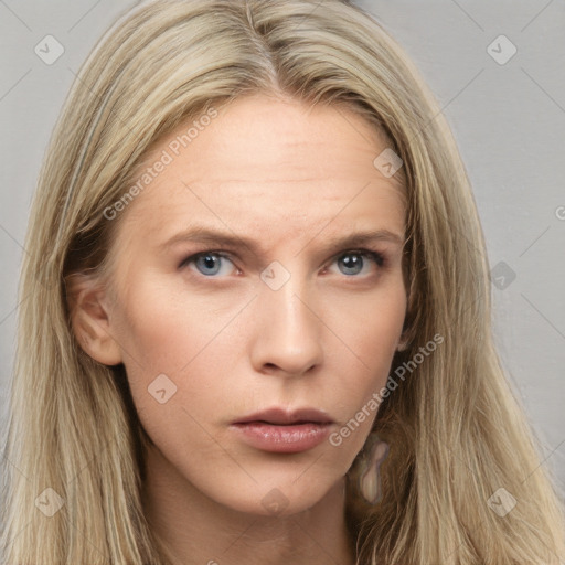 Neutral white young-adult female with long  brown hair and grey eyes