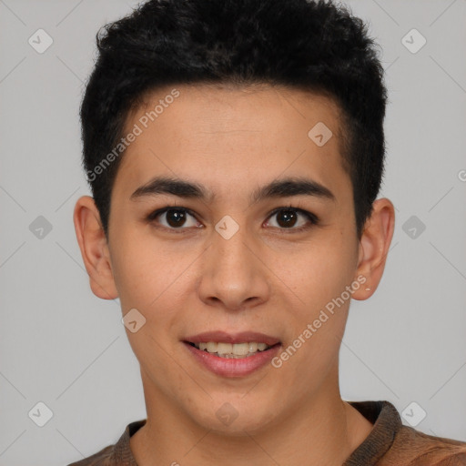 Joyful latino young-adult male with short  brown hair and brown eyes