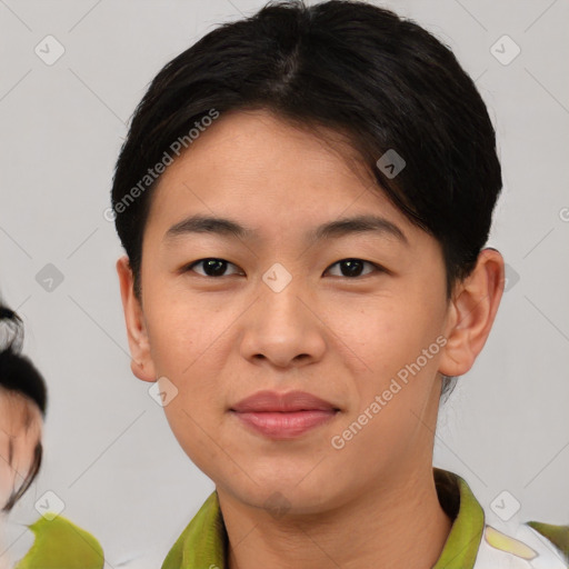 Neutral white young-adult female with short  black hair and brown eyes