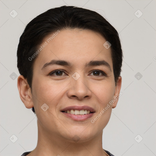 Joyful white young-adult female with short  brown hair and brown eyes