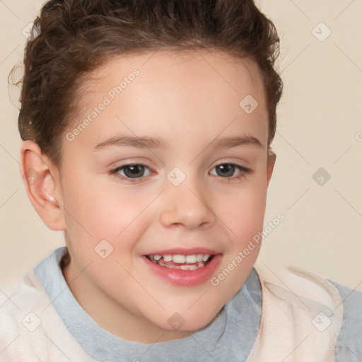 Joyful white child female with short  brown hair and brown eyes