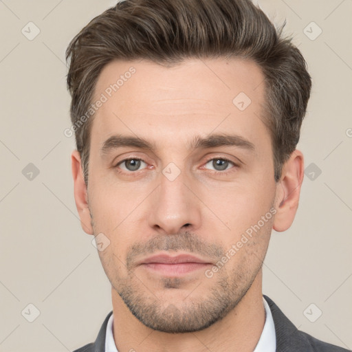 Neutral white adult male with short  brown hair and brown eyes