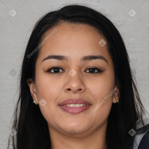 Joyful asian young-adult female with long  brown hair and brown eyes
