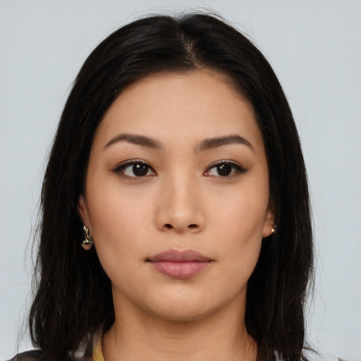 Neutral asian young-adult female with long  black hair and brown eyes