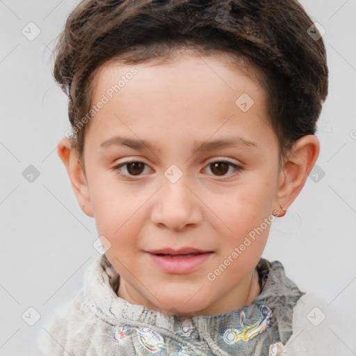 Joyful white child female with short  brown hair and brown eyes